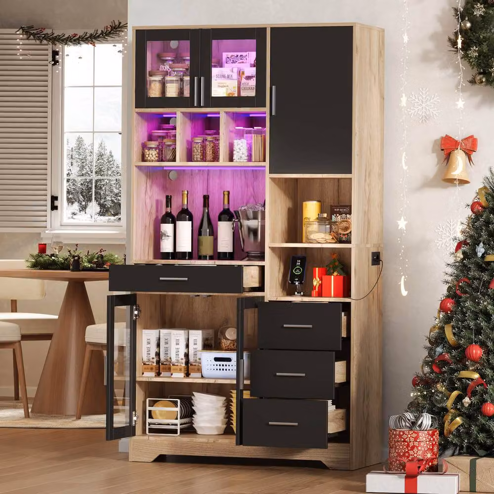 BTM Multicolour Modern Kitchen Storage Cabinet with LED Integrated Lighting and Power Outlet, H: 185 cm, W: 100 cm, D: 40 cm – 3