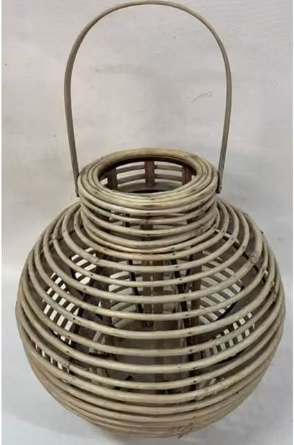 Lemon Pavilion Furniture and Decor Large Round Willow Lantern with Glass Holder in Beige, W: 36 cm, D: 36 cm, H: 35 cm