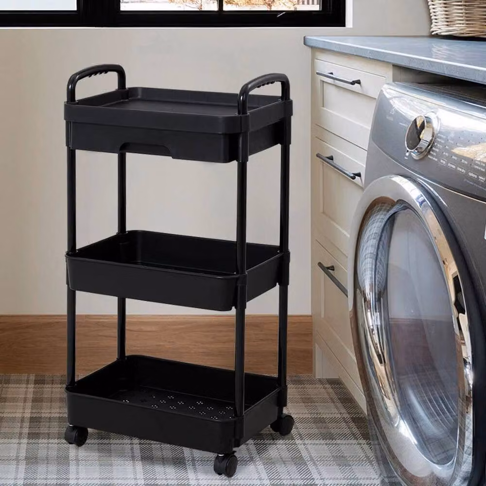 EONLION A-3 Tier Plastic Storage Shelf Rack with Wheels in Black – 4