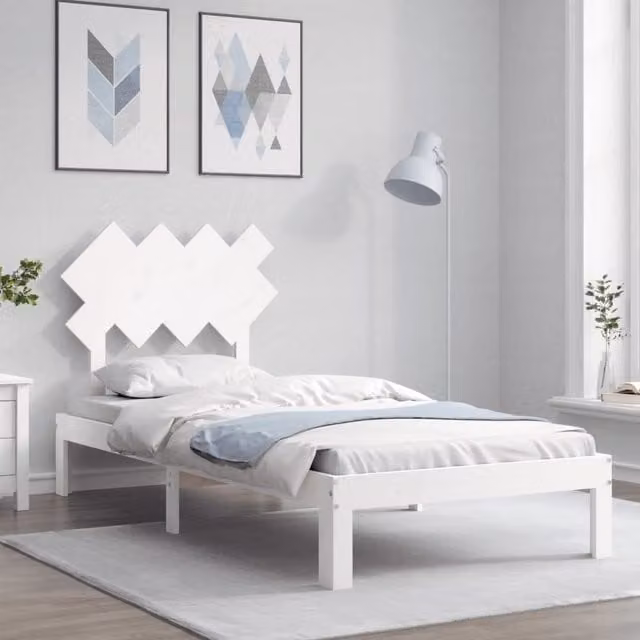 Berkfield Home White Solid Wood Bed Frame with Headboard, W/D/H: 90 x 200 cm – 1
