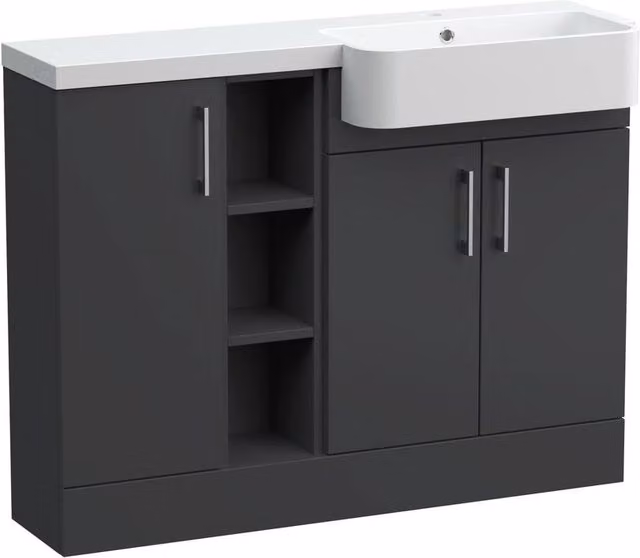 Balterley Wichnor Contemporary Floor Standing 3 Door Combination Vanity Basin Unit with Open Shelves and Polymarble Basin, Dark Grey, W: 110 cm, D: 60.75 cm, H: 85.5 cm