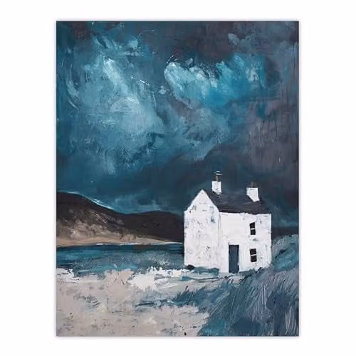 Artery8 Scottish Coastal Cottage Night Oil Painting Landscape Wall Art Poster Print on Thick Paper, Blue, 18 x 24 Inch – 1