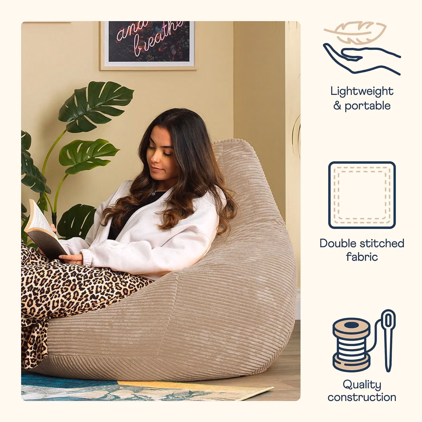 icon Dalton Cord Adult Bean Bag Chair Set of 2 in Beige with EPS Polystyrene Filling – 3
