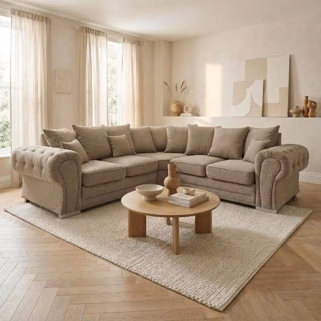 Abakus Direct Verona L-Shape Corner Sofa in Beige Linen Chenille Fabric