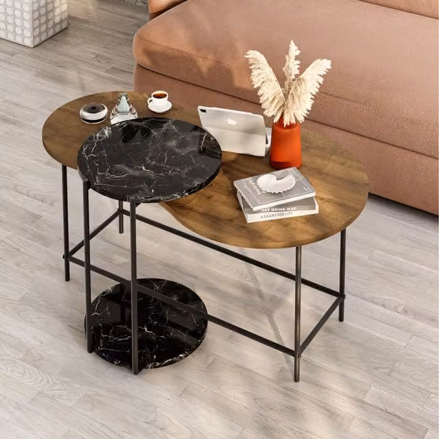 Decortie Cuddle Modern Nesting Coffee Table with Black Glossy Round Tops and Metal Legs