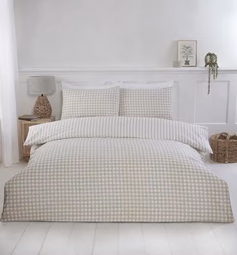Rapport Home Single Polycotton Checked Duvet Cover Set with Pillowcase in Beige and White, W/D/H: 135 x 200 cm