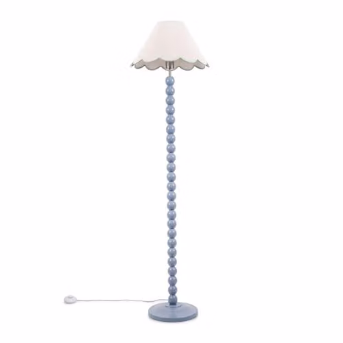 ValueLights Bobbin Stem Floor Lamp in Blue with Green Fabric Scallop Shade – 1