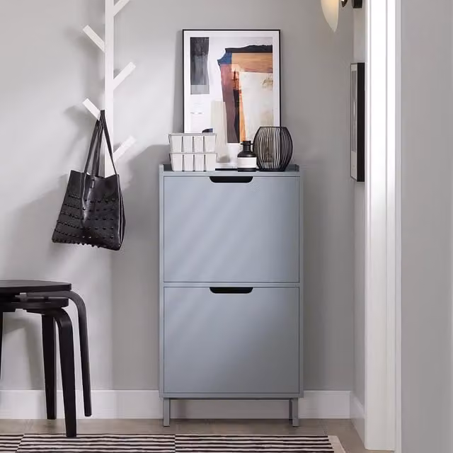 SoBuy Narrow Grey Wooden Shoe Storage Cupboard with 2 Flip Drawers W50 x D19 x H91 cm