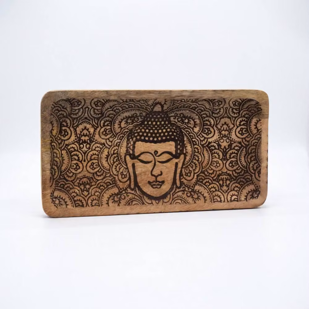 KDMD Rectangular Wooden Long Tray with Black and Brown Buddha Face Engraving, W/D/H: 30 x 15 x 2.5 cm – 3