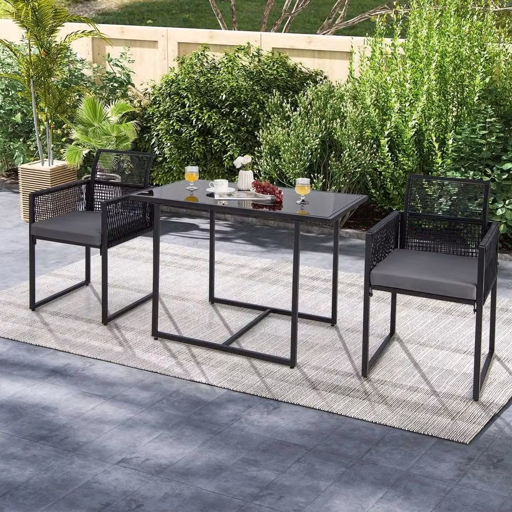 FLAVORA Grey Foldable Rattan Chair and Table Set in Black – 4