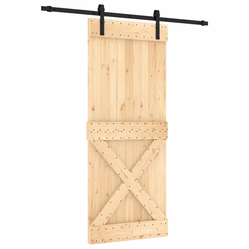 Berkfield Home Rustic Solid Wood Pine Sliding Door with Hardware Set in Brown, W: 85 cm, H: 210 cm – 2