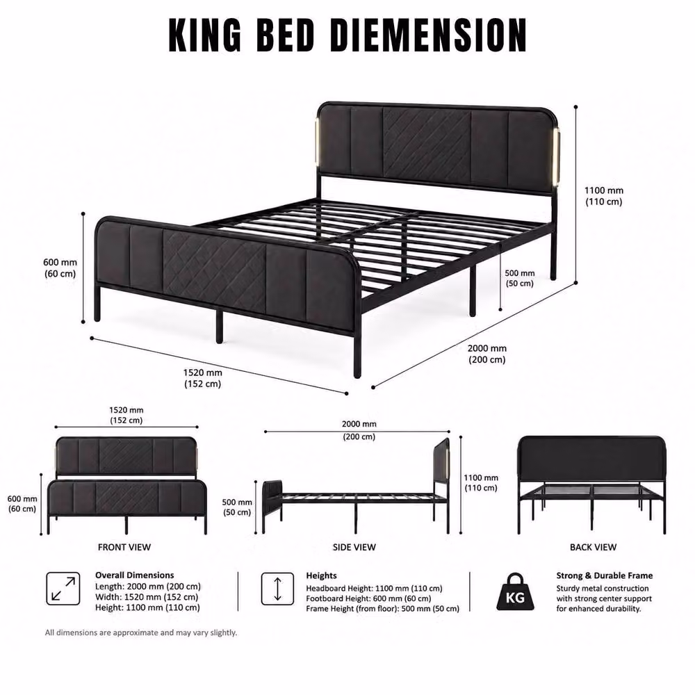 Sliding Wardrobes 4U LED Bed Frame with Quilted Headboard, Black, King Size W/D/H: 200 x 152 x 110 cm – 2