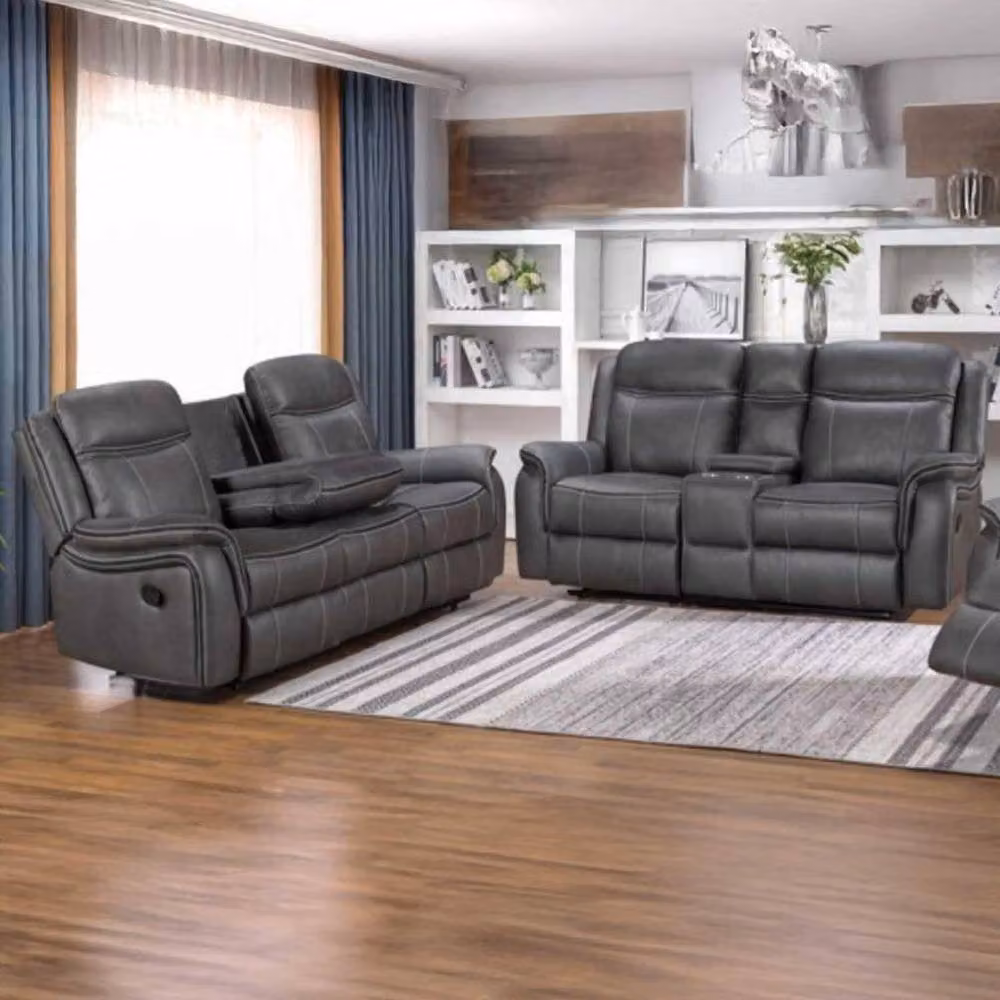 Furnishings For Less UK Tara 2 Piece Reclining Sofa Suite in Grey Leather Look Fabric, 3 + 2 Seater – 4