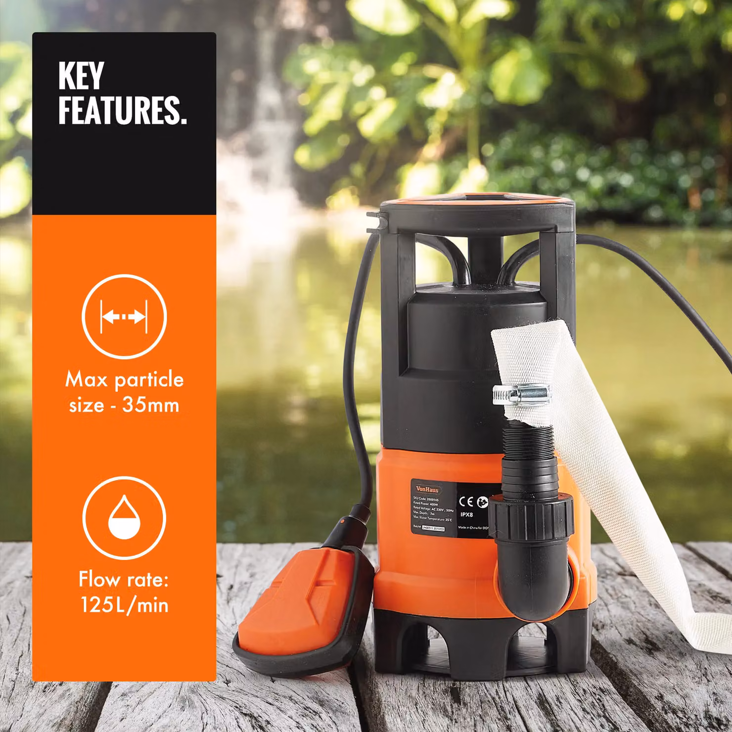 VonHaus 400W Submersible Water Pump in Black with 8m Hose and Float Switch – 3