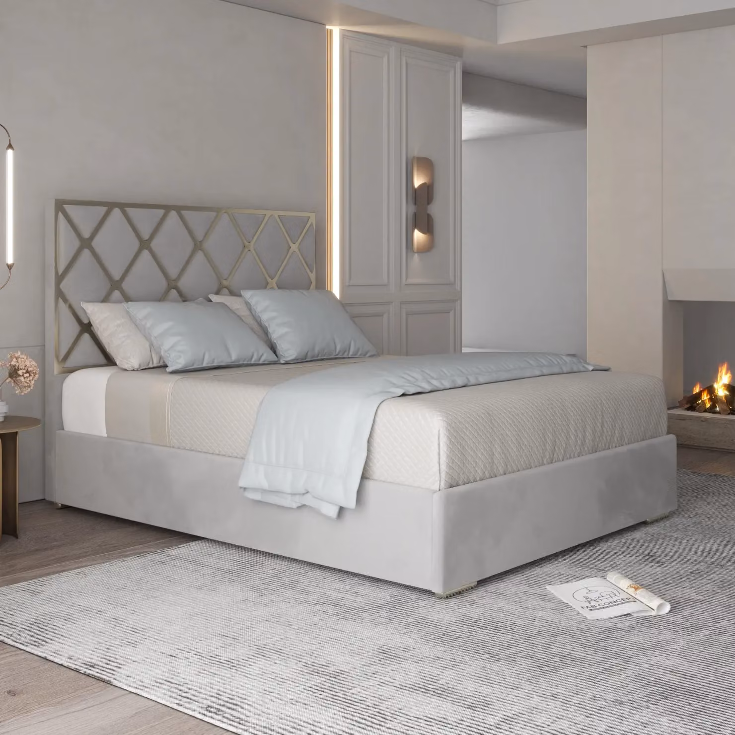 Casani Velvet Upholstered Metal Designer Bed Frame in Grey, Gold or Silver, W/D/H: 200 x 200 x 127 cm – 2