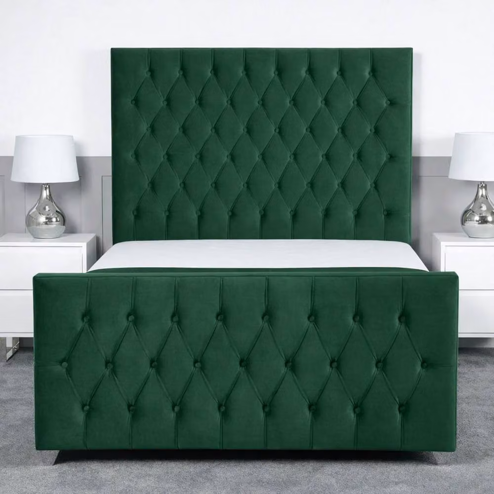 Living Comfort Bedz Vertex Plush Velvet Upholstered Bed with Slatted Base and Geometric Headboard, Green, W/D/H: 140 x 200 cm – 2