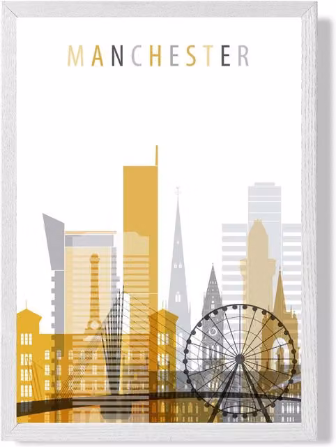 ARTZE Manchester City Skyline Framed Print in Yellow, Grey and White