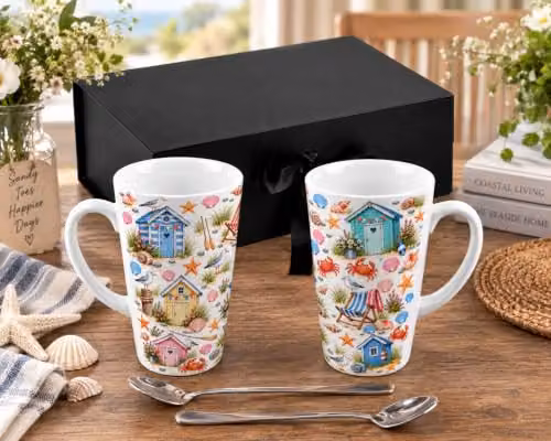 Purely Home Seaside Delights Tall Latte Mugs and Spoons Gift Boxed Set in Multicoloured and White Ceramic – 2