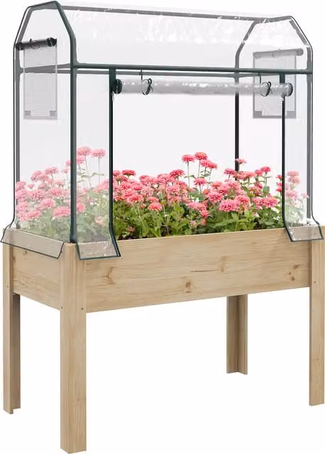 Outsunny Brown Wooden Raised Garden Bed with Greenhouse Cover and Bed Liner for Vegetables, Flowers and Herbs, W/D/H: 165 x 60 x 60 cm