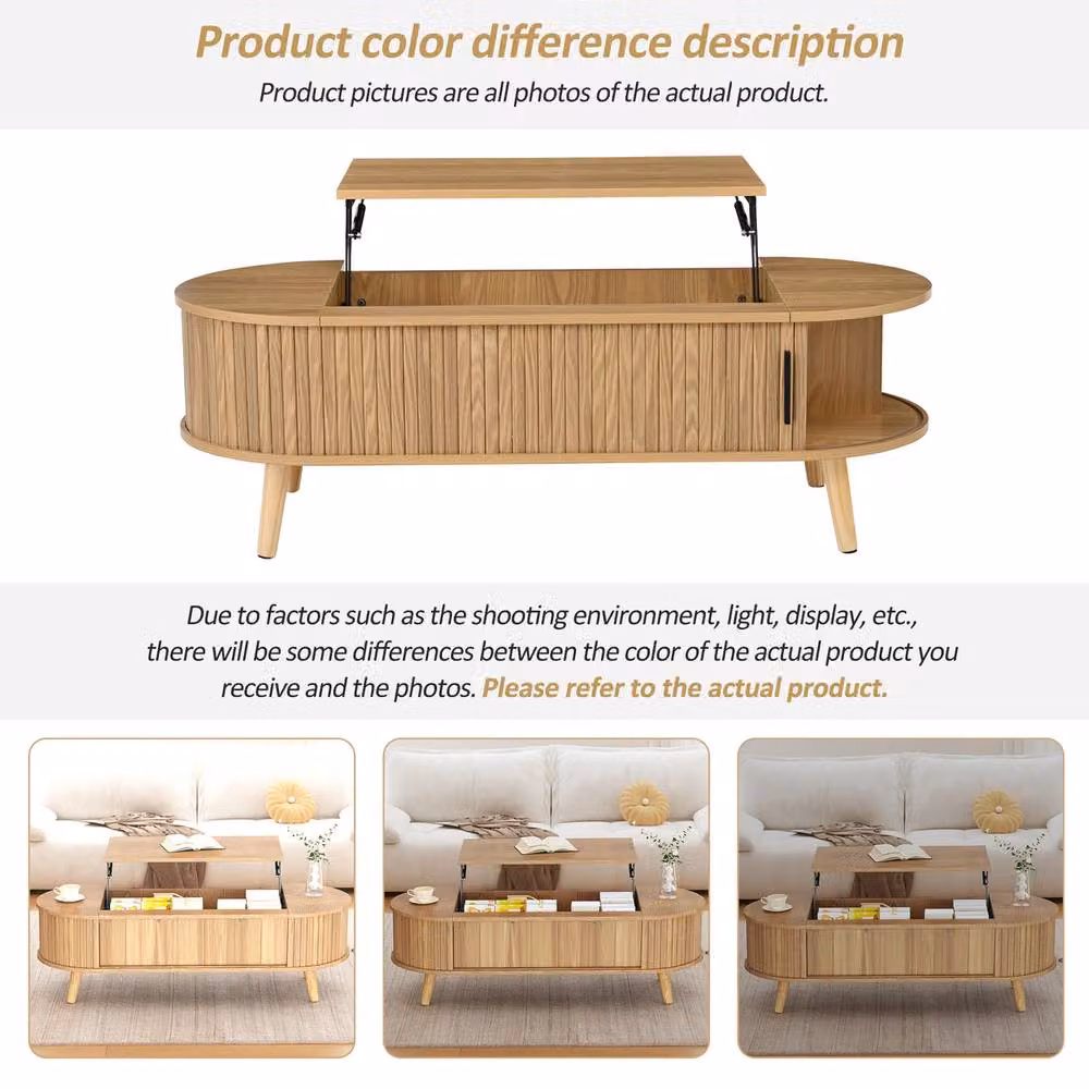 Rolipo Oval Lift Top Coffee Table with Hidden Storage in Brown Natural Wood – 2