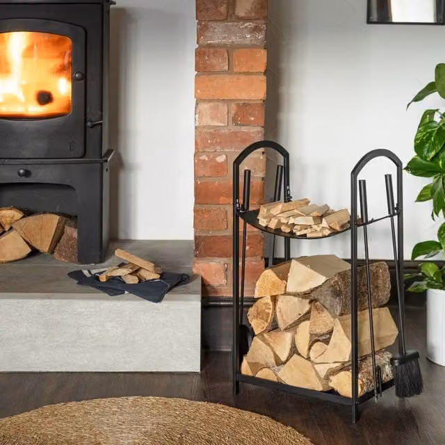 Ivyline Curved Log Holder with Companion Set in Black, H71 x W39 cm