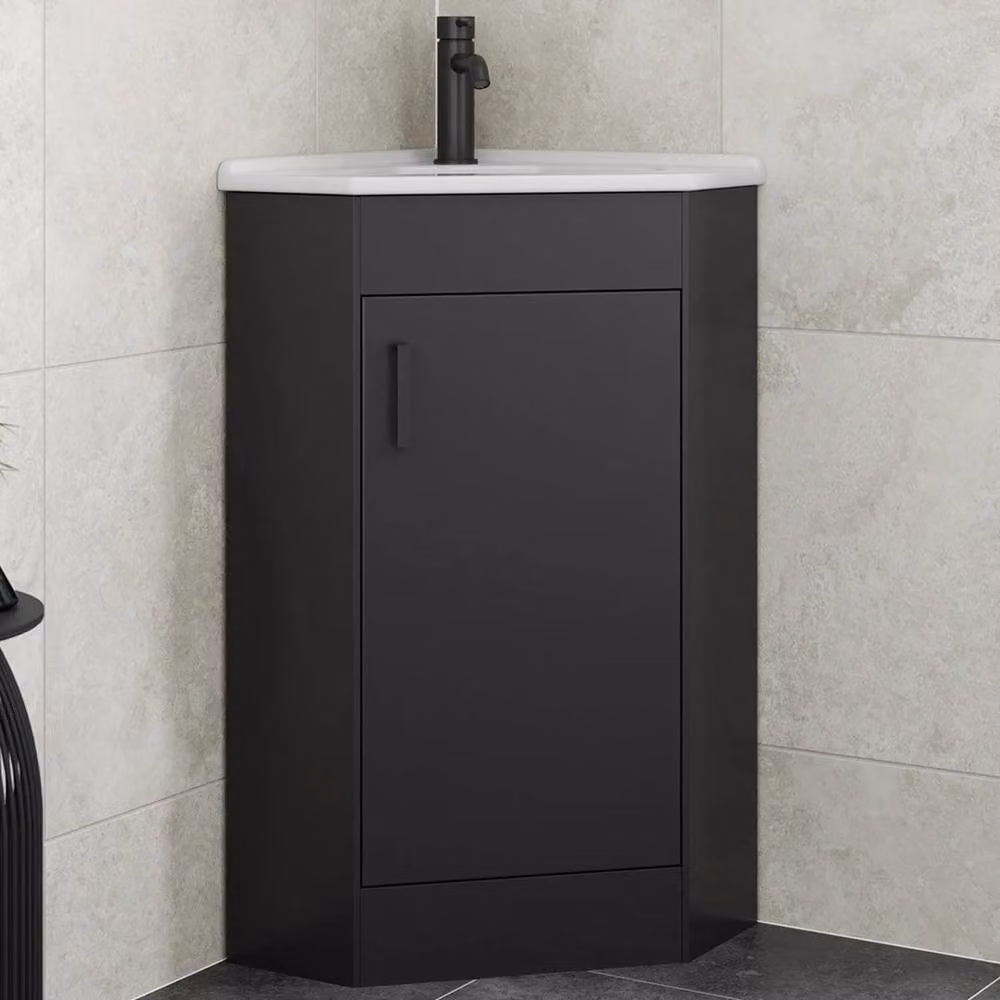 FORGEVIO Modern Black Matt Freestanding Corner Bathroom Vanity Unit with Single Hinged Door and Internal Shelves – 3