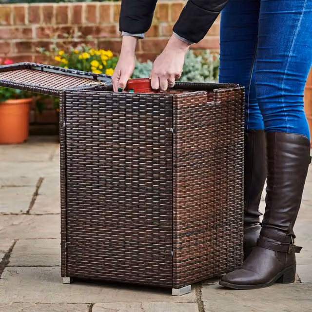 Teamson Home Rattan Outdoor Fire Pit Gas Bottle Storage Table with Lid in Brown and Grey – 1