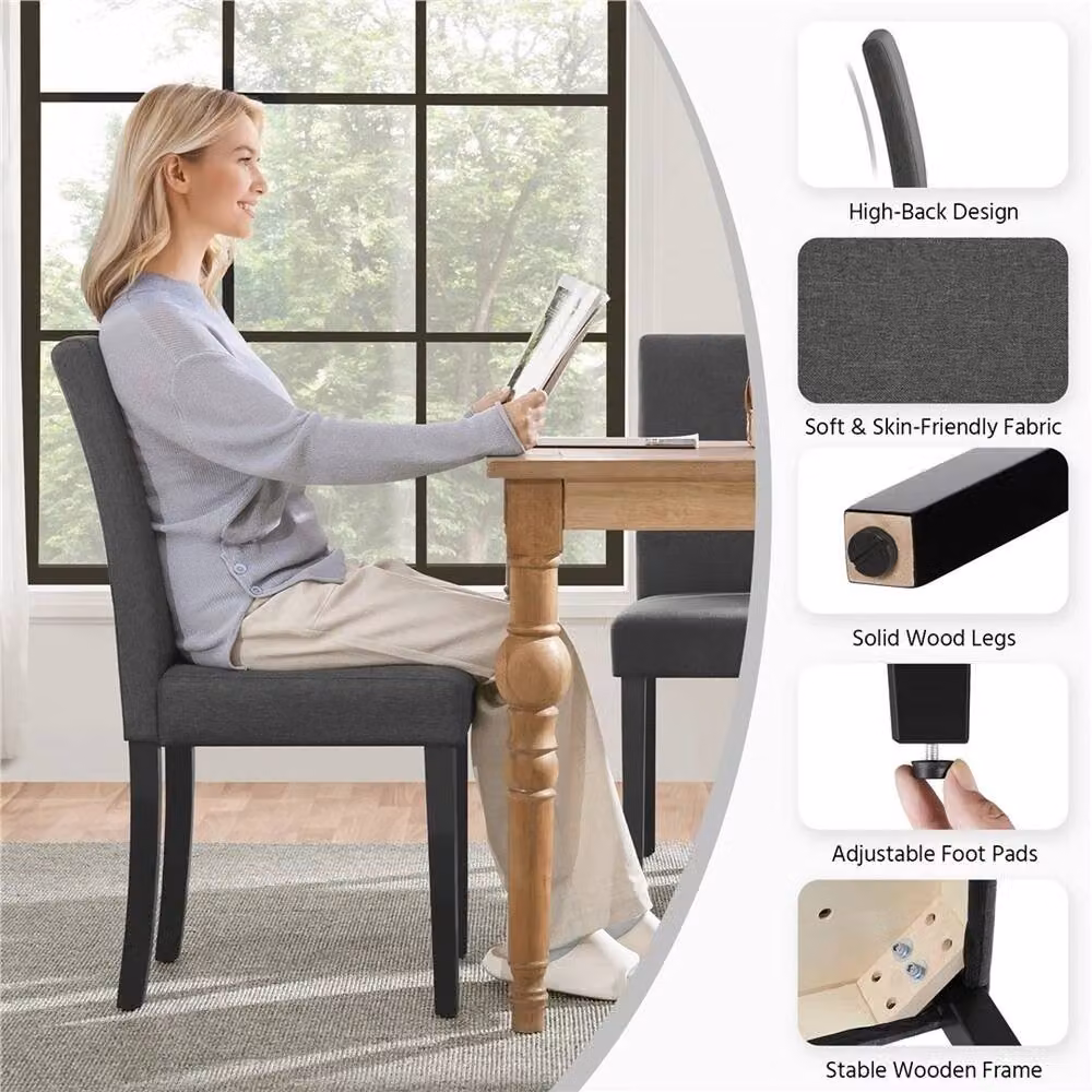 VOGREX Grey Upholstered Armless Dining Chairs in Polyester Fabric with Rubberwood Legs – 3