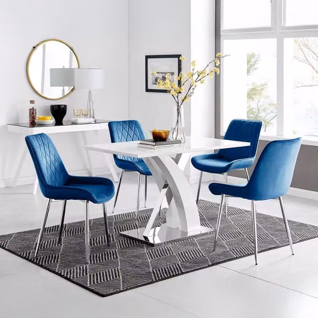 FurnitureboxUK Atlanta White High Gloss 4 Seater Dining Set with X-Frame Legs and 4 Navy Blue Velvet Pesaro Chairs