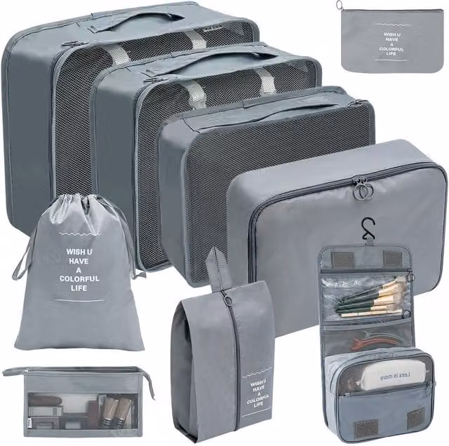 Leaper 9-Piece Grey Mesh Fabric Cosmetic and Outdoor Luggage Storage Bag Set