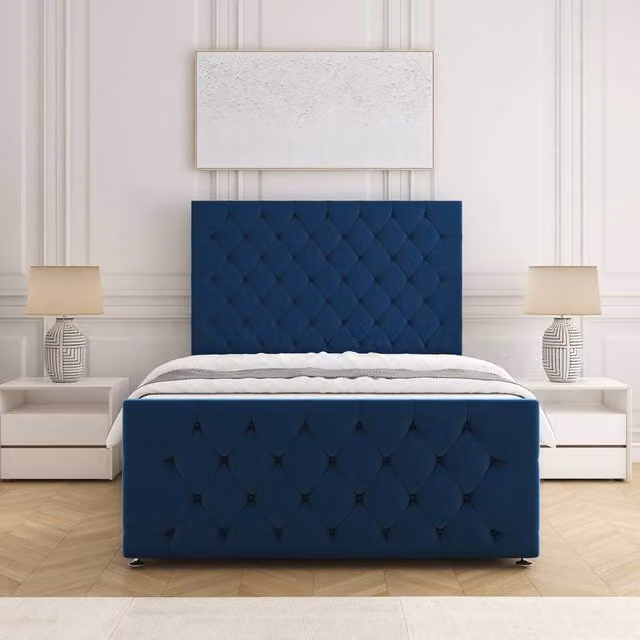 BSSPOKE Maya Plush Blue Velvet Upholstered Divan Bed with Headboard and Mattress, W/D/H: 140 x 200 cm