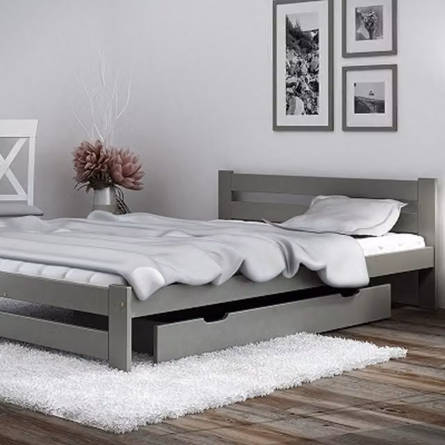 CaptainsTM Xiamen Small Double Bed Frame in Grey and White Solid Pine Wood with Drawers, W/D/H: 120 x 200 cm