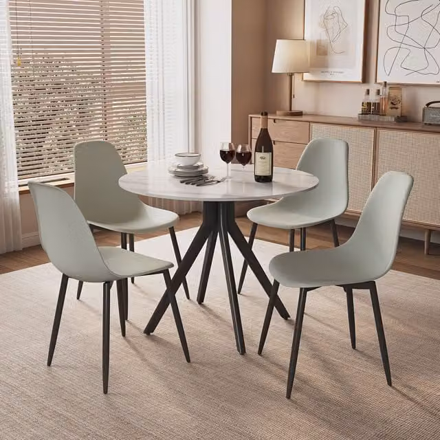 Core Products ASTB4-WHSSset10 Modern Round Ceramic Dining Table and Chairs Set in Grey and White