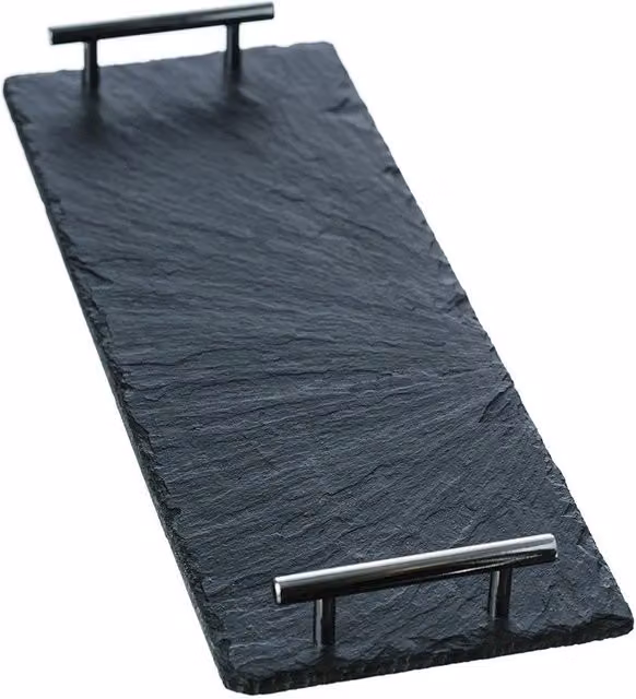Selbrae House Small Rectangular Slate Serving Tray with Stainless Steel Handles in Dark Grey
