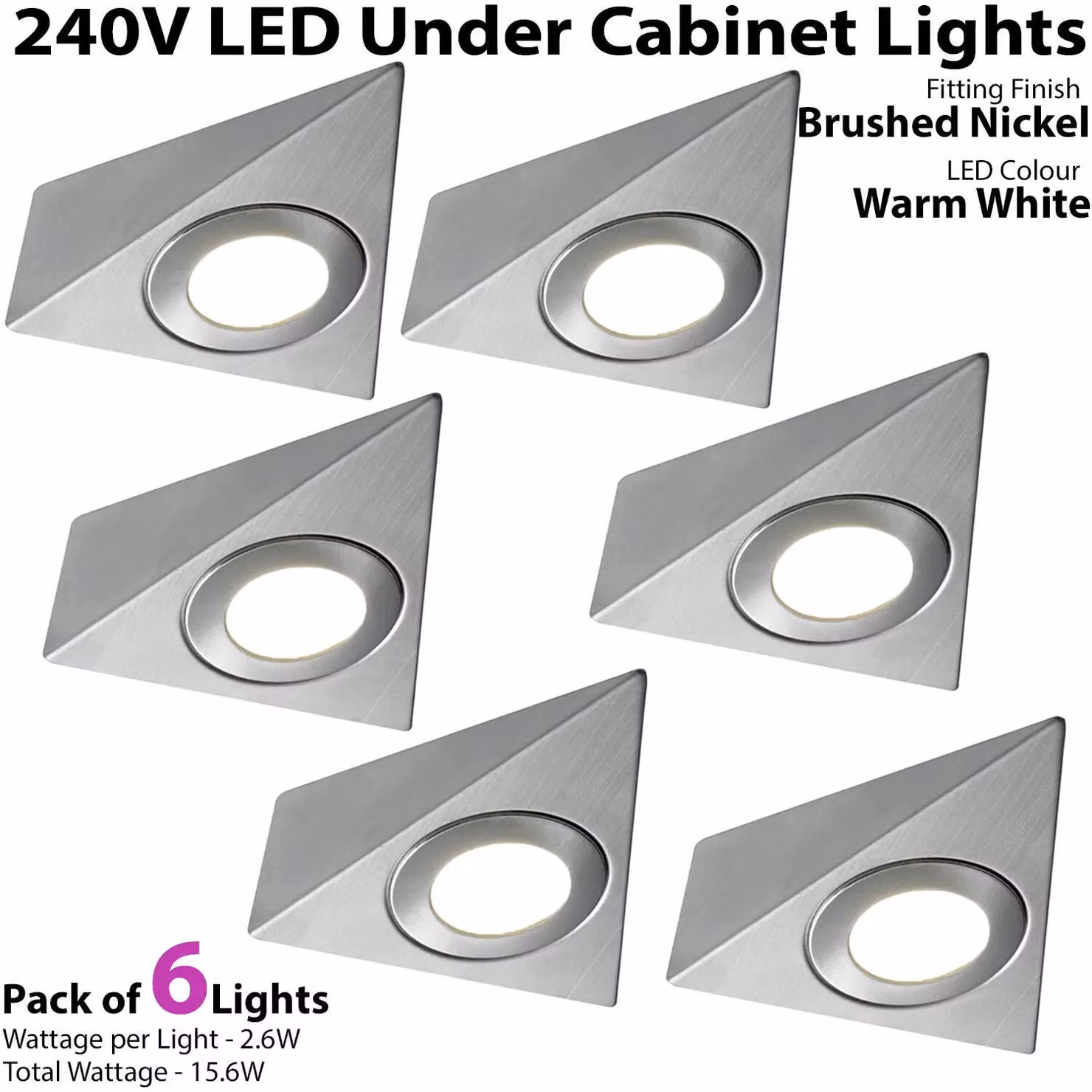 Loops 6x Triangle Surface Under Cabinet Kitchen LED Light Kit in Brushed Nickel Silver with Warm White Light – 2