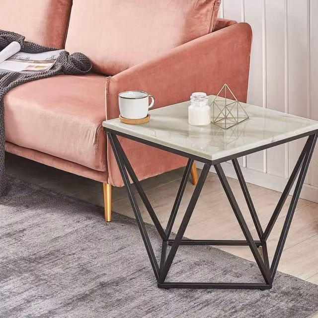 Wyld and Coco Mid-Century Side End Table with Beige Marble-Look Top and Black Metal Frame, W/D/H: 50 x 50 x 50 cm