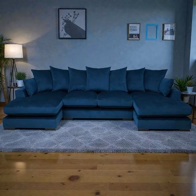 Snug Furniture Birmingham Ltd Linea Reversible U-Shape Double Ended Plush Velvet Sofa with Matching Ottoman in Blue