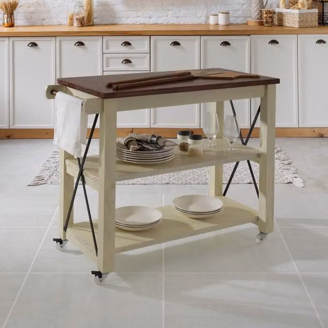 Mercers Furniture Rustic White and Brown Pine Kitchen Cart