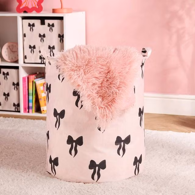 OHS Kids Bows Print Laundry Basket and Toy Organiser in Pink Multicolour with Handles
