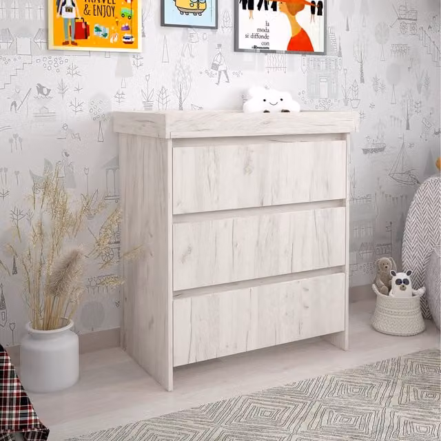 Shefa Kids Classic Baby Changing Dresser with 3 Drawers in White and Craft Oak