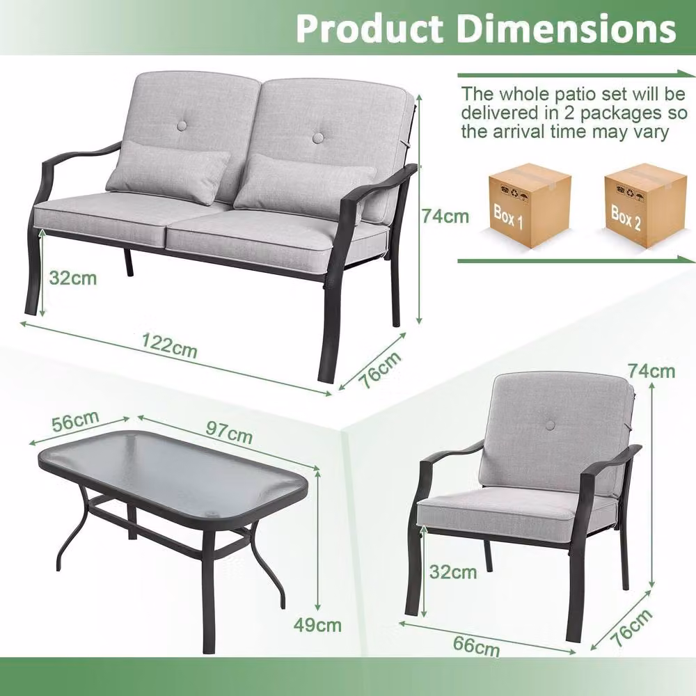Costway 4 Piece Grey Outdoor Patio Conversation Set with Upholstered Cushions and Metal Frame – 2