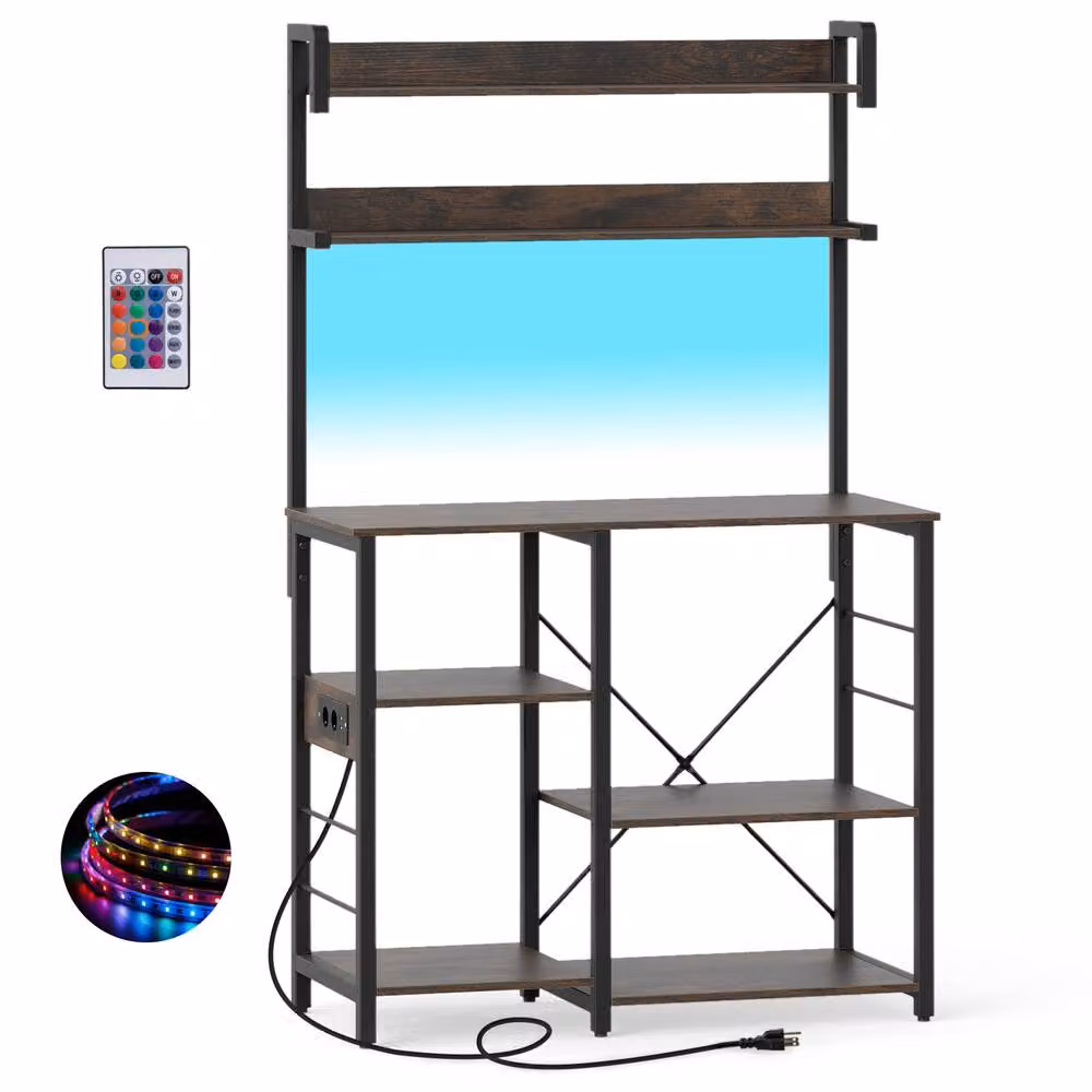 Gymax 5-Tier Brown Kitchen Bakers Rack with Microwave Stand and Power Outlet – 2