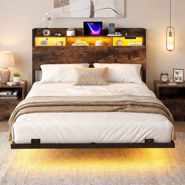 Costway King Size Floating Platform Bed Frame in Brown with LED Lights, USB Charging Port and Side Compartments, W/D/H: 180 x 200 cm