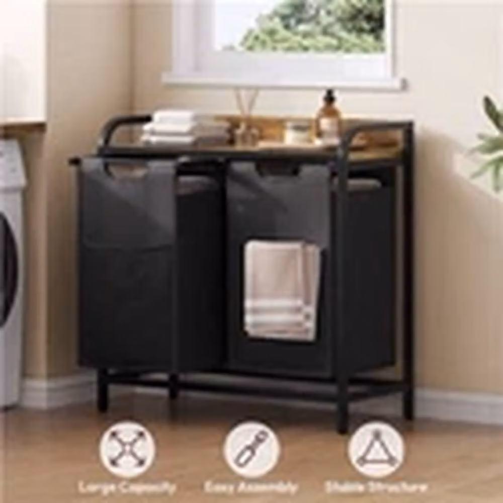 EONLION 2-Compartment Laundry Hamper with Wooden Top and Pull-Out Sorter in Black and Brown – 4