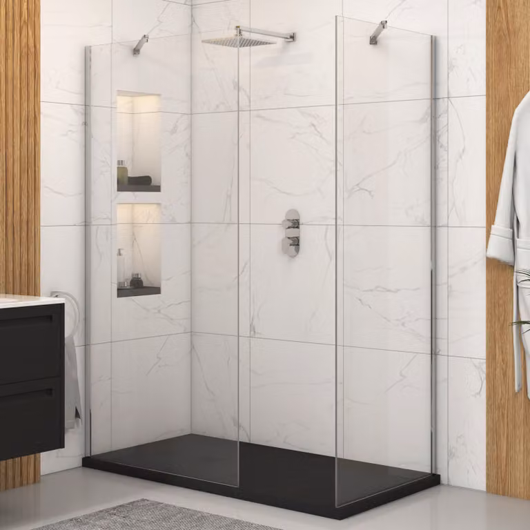 Royal Bathrooms Marbella Walk In Shower Enclosure with Black Slate Effect Mineral Cast Stone Tray, W: 160 cm, D: 80 cm, 8mm Easy Clean Glass