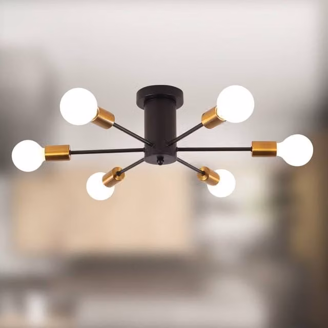 NIVOR 6 Light Mid Century Industrial Flush Mount Ceiling Chandelier in Gold/Brass – 1
