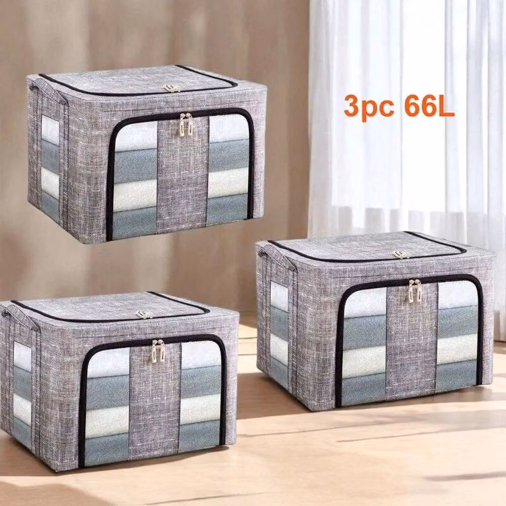 KORVIXA 3-Pack Foldable Storage Boxes with Lids in Grey, 66L Capacity, W: 50 cm x D: 50 cm x H: 50 cm – 5