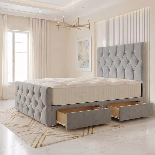 Somnior Ziggy Silver Velvet Divan Bed with 2 Drawers, 54 inch Headboard and 22 inch Footboard, W/D/H: 140 x 200 x 28 cm