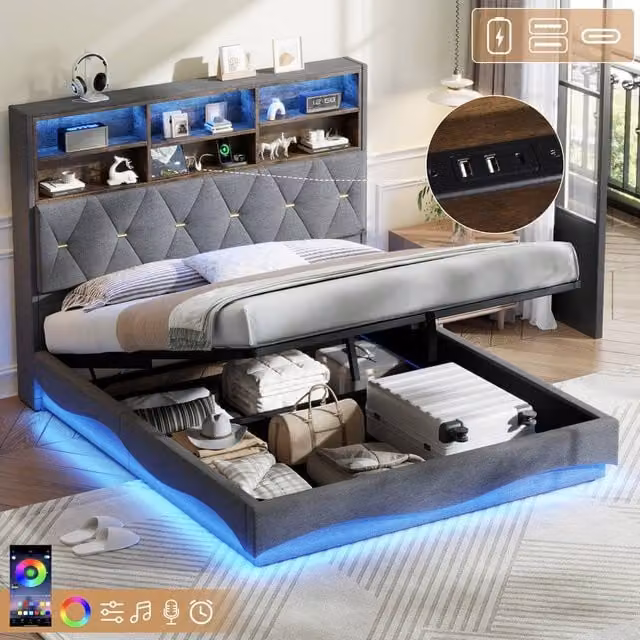 BTM Grey Upholstered 5ft King Size Hydraulic Storage Bed with Wavy LED Lighting and USB/Type C Charging Ports, W/D/H: 180 x 200 x 132 cm