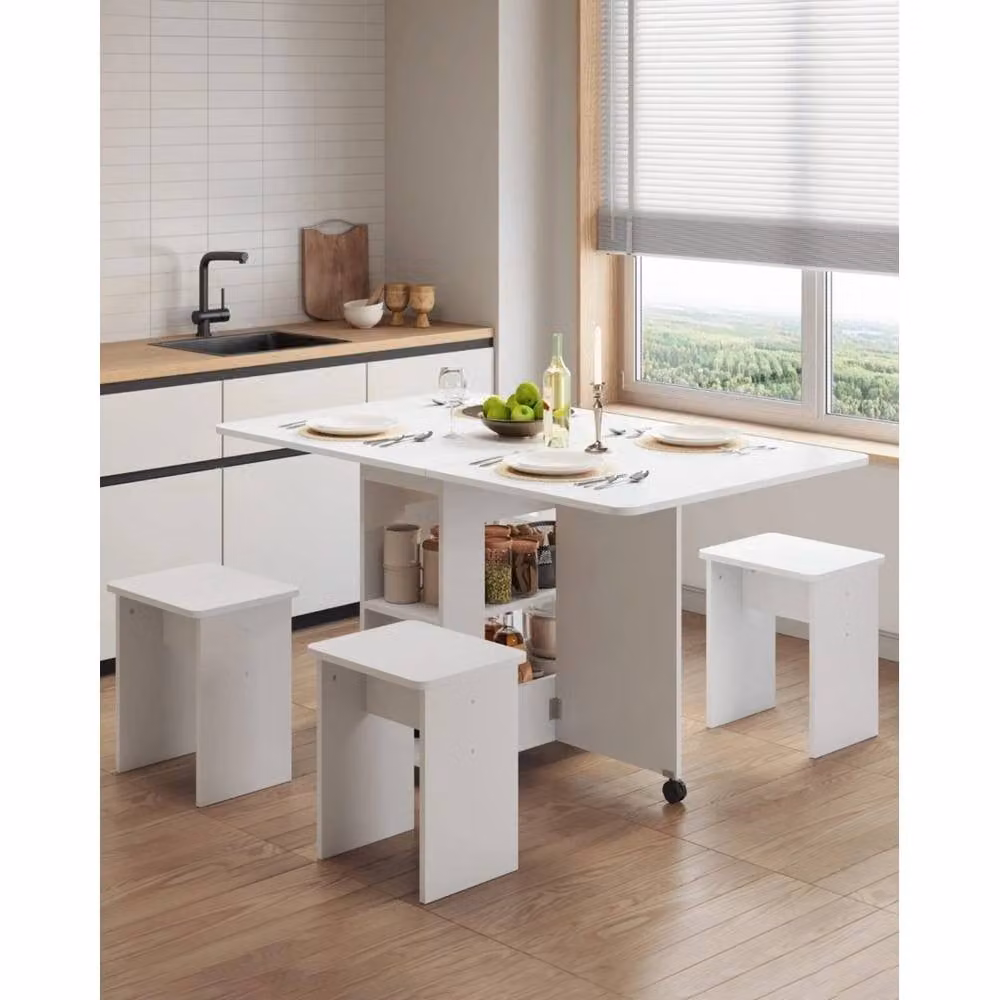 VOGREX White Folding Dining Table and 4 Chairs Set with Drop Leaf and Storage Shelf, W: 100 cm, D: 80 cm, H: 70 cm – 2